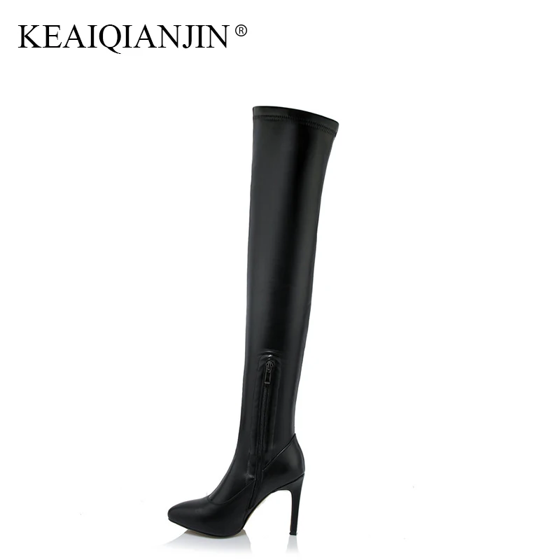 KEAIQIANJIN Woman Autumn Winter High Heels Shoes Plus Size Pointed Toe Over The Knee Boots Black Genuine Leather Knee High Boots цена KEAIQIANJIN Woman Autumn Winter High Heels Shoes Plus Size Pointed Toe Over The Knee Boots Black Genuine Leather Knee High Boots цены онлайн