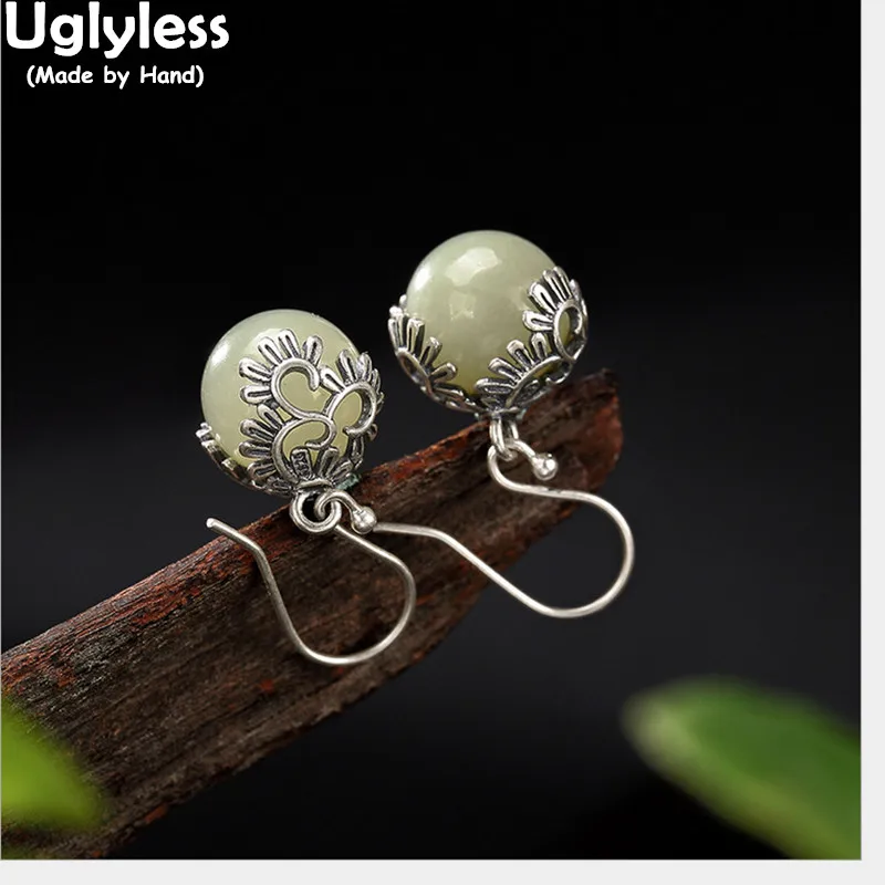 Uglyless Real 925 Sterling Silver Natural White Jade Balls Drop