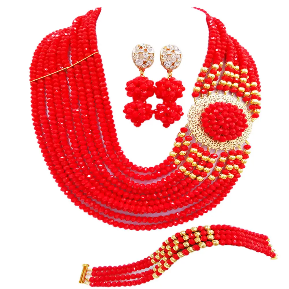 

Fashion Opaque Red African Wedding Beads Nigerian Necklace Costume Jewelry Set Crystal Bridal Party Jewelry Sets 10DPH08