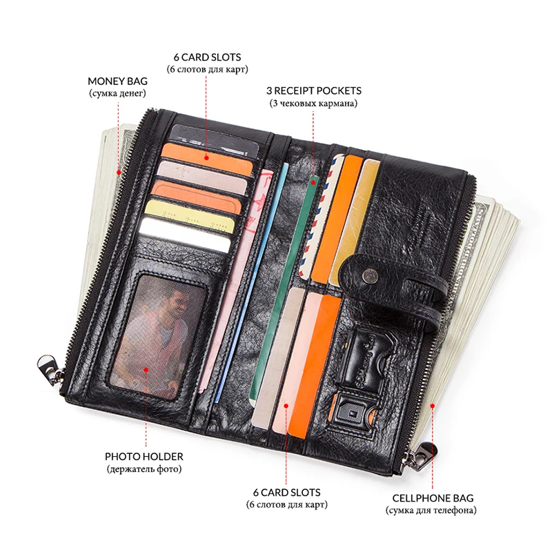 Contact's Genuine Leather Long Wallet Men Coin Purse Male Clutch Walet With Cell Phone Bag Portomonee Card Holder Free Engrave 3