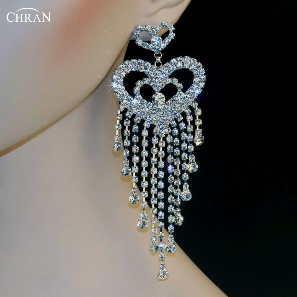 

Chran 2 Color Luxury New Earing Wedding Bridal Rhinestone Crystal Long Silver Heart Dangle Chandelier Drop Earring Jewelry LE854