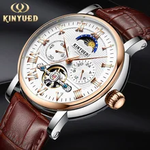 KINYUED Luxury Moon Phase Automatic Watch Men Chronograph Tourbillon Mens Skeleton Mechanical Watches Brand Relogio Masculino