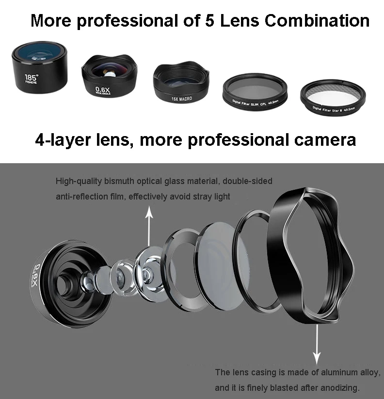5в1 4K HD камера для телефона SLR комплекты линз: фотофильтр CPL & Star 8 штатив +