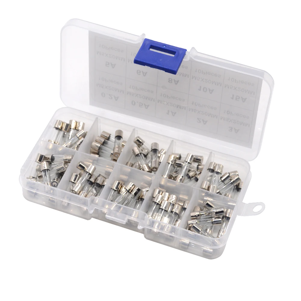 100Pcs 5*20 5x20 mm Auto Glass Tube Fuse Assorted Kit 0.2A 0.5A 1A 2A 3A 5A 6A 8A 10A 15A Car Fuses Kit Tube Fuses Glass Fuse Kit
