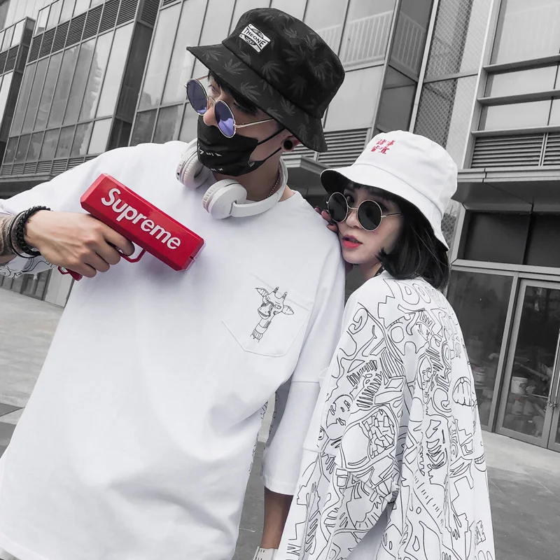

Summer 2019 High Quality Sketch Fawn Print Short Sleeve Shirt Couple Hip Hop Oversized Casual Men's T-shirt Tee