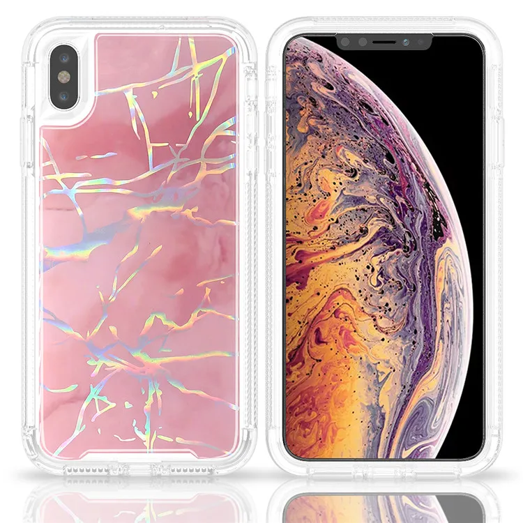 Модный мраморный лазерный чехол для телефона iPhone XS MAX XR X 6s 6 7 8 Plus PC+ TPU 360 Полный Корпус противоударный прозрачный чехол