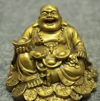

WBY 1031+++Chinese Brass Buddhism Wealth Coin YuanBao Happy Laughing Maitreya Buddha Statue