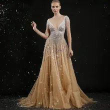 Роскошные вечерние платья цвета шампанского с v-образным вырезом и вышивкой бисером с вырезом на спине
