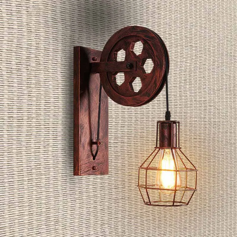 Светильники в стиле ретро, шкив, настенный светильник, подвеска, винтажный металлический светильник для спальни, бра - Цвет абажура: Rusty without bulb