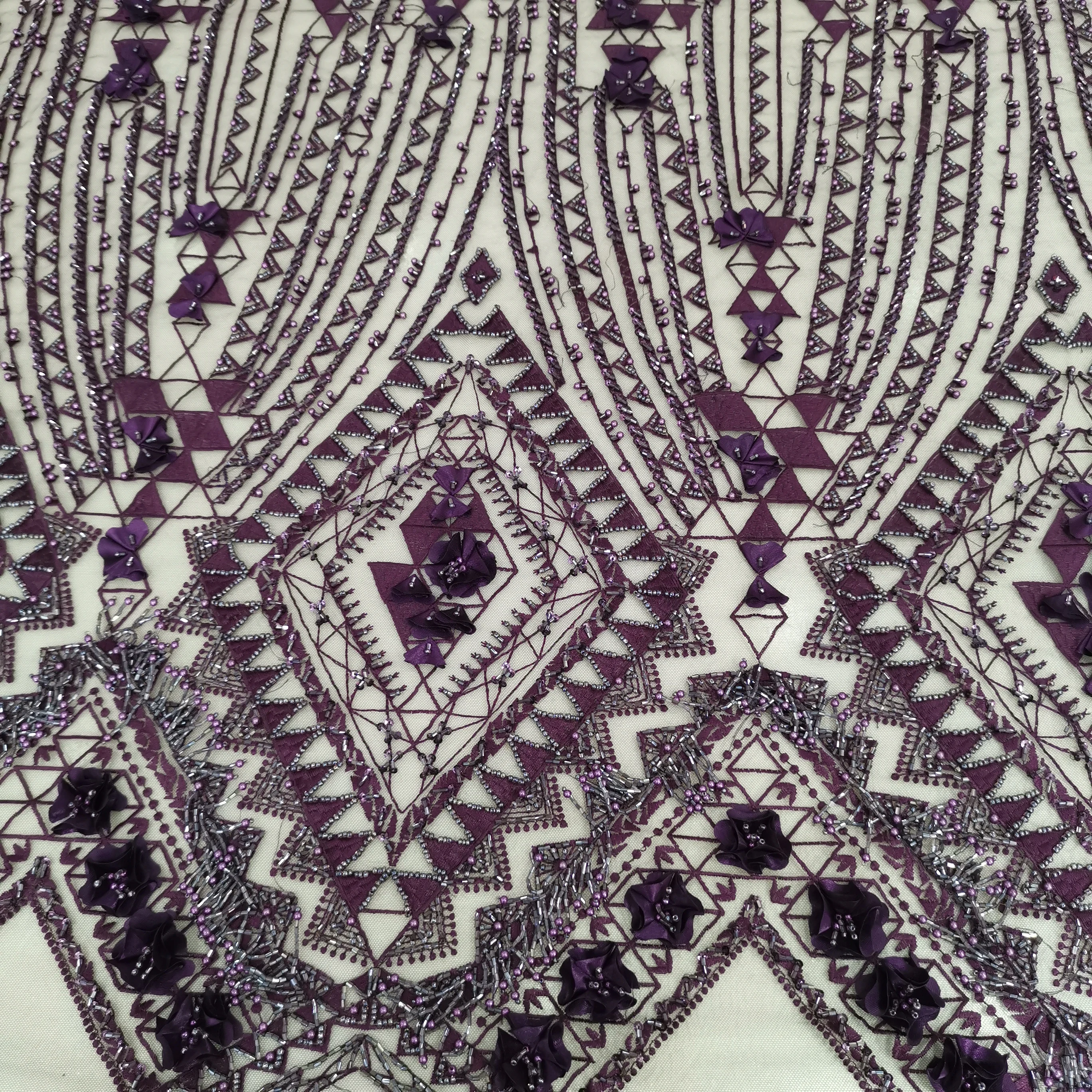 

3d flower lace fabric purple emborideried handmade appliques beaded sequins luxury style for party dress