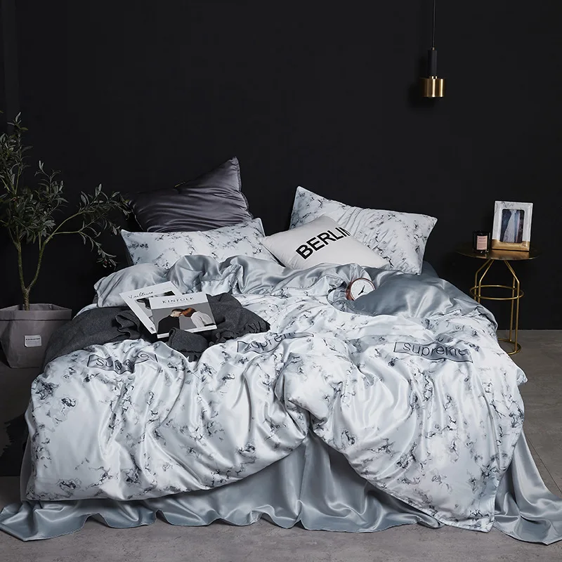 

2019 Silk Satin Flower Plant Printing Bed Sheet 4 piece Set Euro Bed Linen Popline Two-side Marble Bed Sets