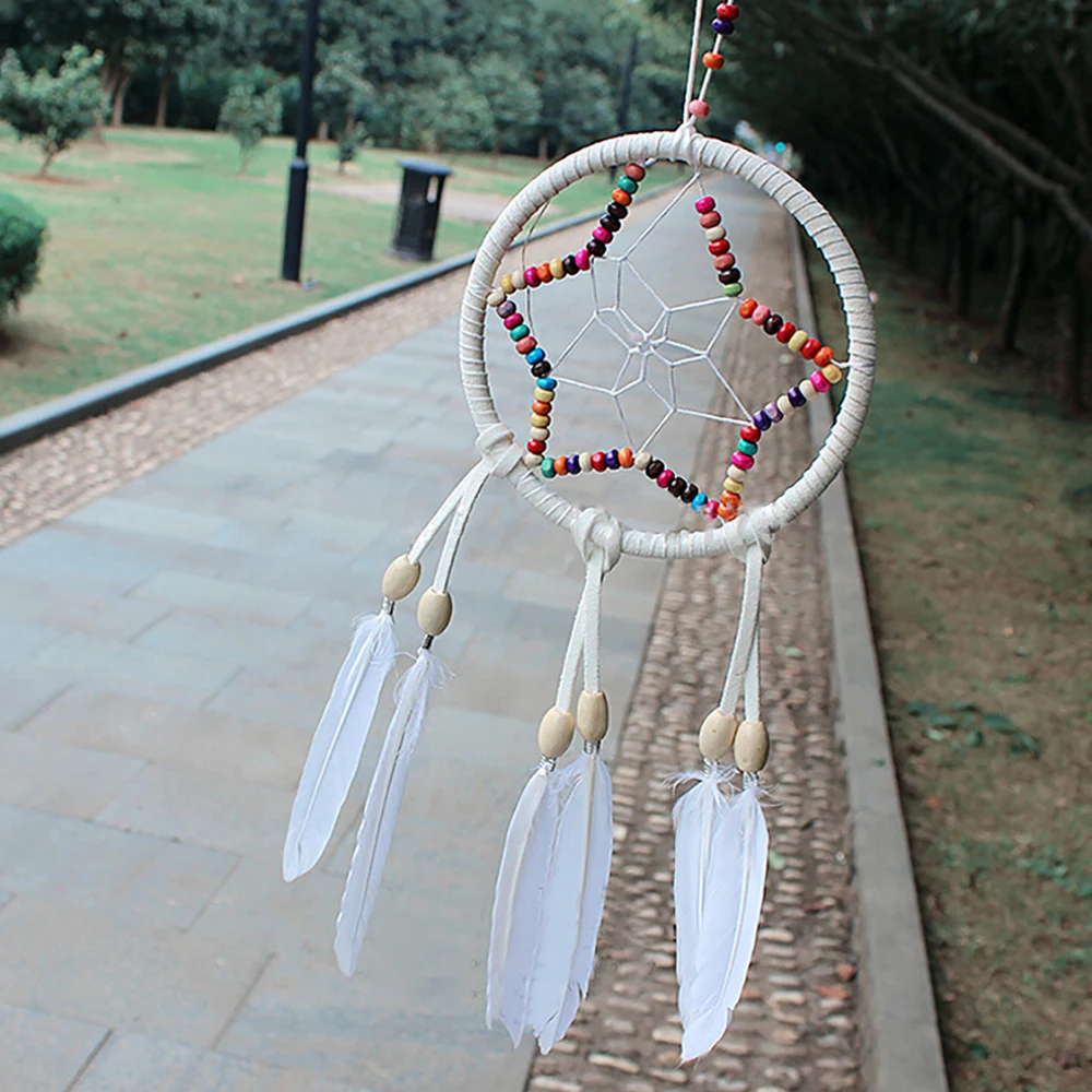 Lovely Colored Beads Star Shape Dream Catcher Net With White Feathers Handmade Dreamcatcher Wall