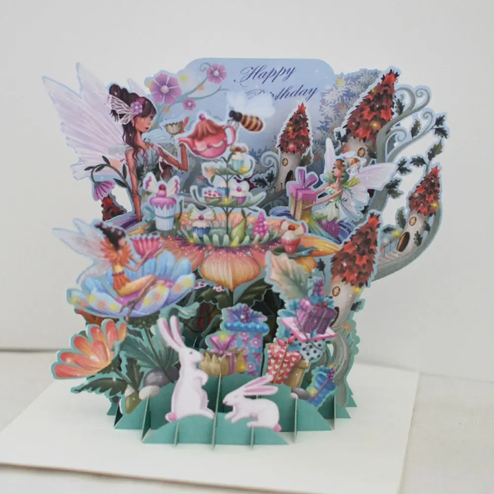 

3D Fairy Forest Handmade Greeting Cards Happy Birthday Postcard Invitations with Envelope Children Birthday Creative Gift Cards