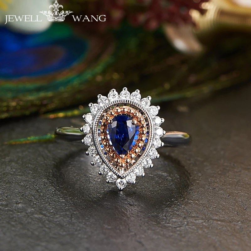 JEWELLWANG Luxury Natural Blue Sapphire 18K White Gold Ring Genuine Diamond Ring for Women White Gold Water Drop Sapphire Rings JEWELLWANG Luxury Natural Blue Sapphire 18K White Gold Ring Genuine Diamond Ring for Women White Gold Water Drop Sapphire Rings