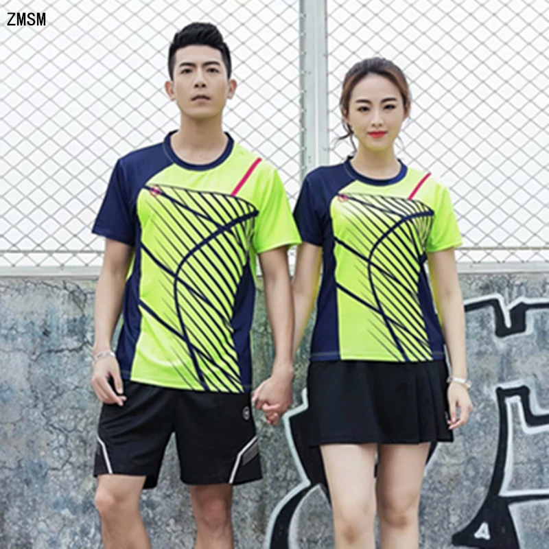 

ZMSM Women/Men Stripe Print Badminton Wear O-neck Table Tennis Set Training Suit Tennis Shirts Shorts Skirts Sports clothes Y123