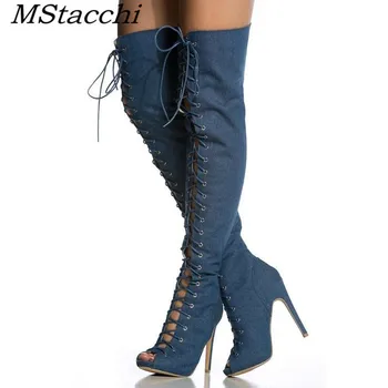 

MStacchi Customized Denim Over The Knee Women Boots Peep Toe Thin Heels Zipper Footwear Cross-tied Sexy High Heels Ladies Shoes