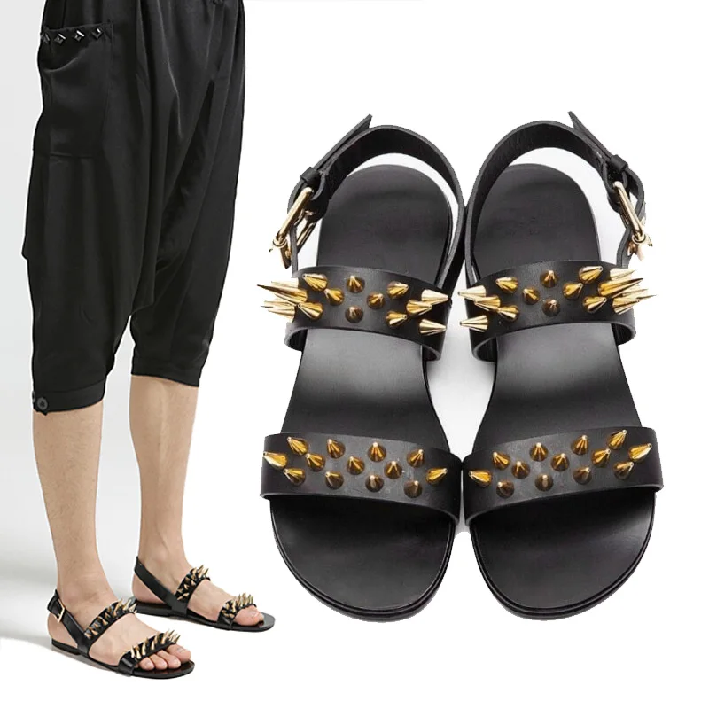 

Punk Mens Rivet Studs Chains Decor Real Leather Peep Toe Flats Buckle Sandals Summer Shoes 5Styles A754