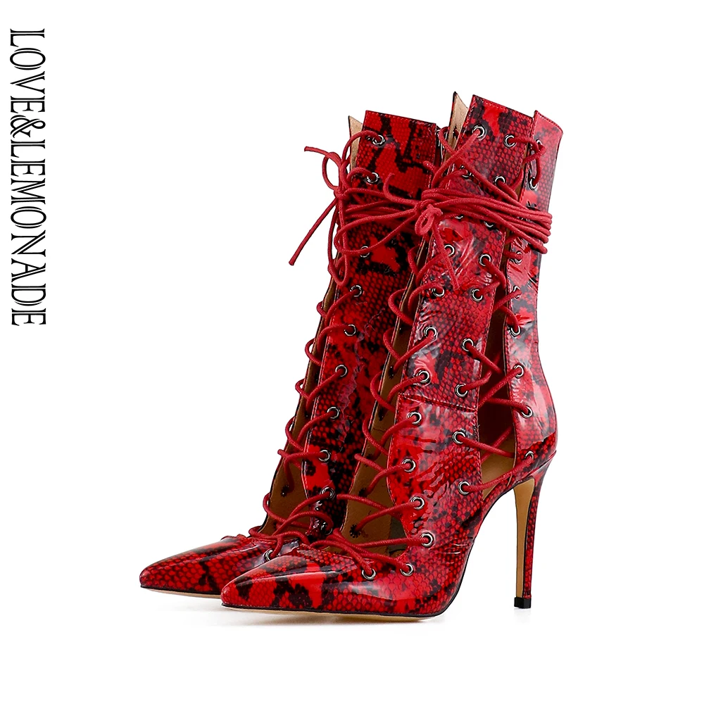 

LOVE&LEMONADE Red Cut Out Pointed Ligament Sheep Patent Leather High Heel Female Boots LMSH003