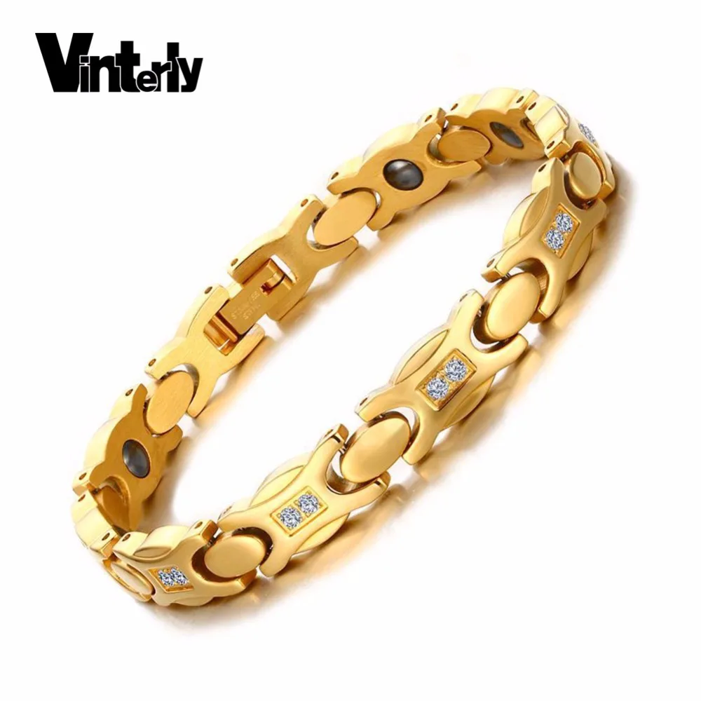 Vinterly золотая цепочка женский браслет из нержавеющей стали браслет Femme CZ камень энергия Магнитный гематит браслеты и браслет