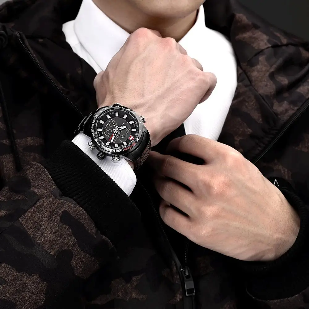 NAVIFORCE Luxury Brand Men Blue Watch 2019 Fashion Quartz Dual Display Watches Stainless Steel Band