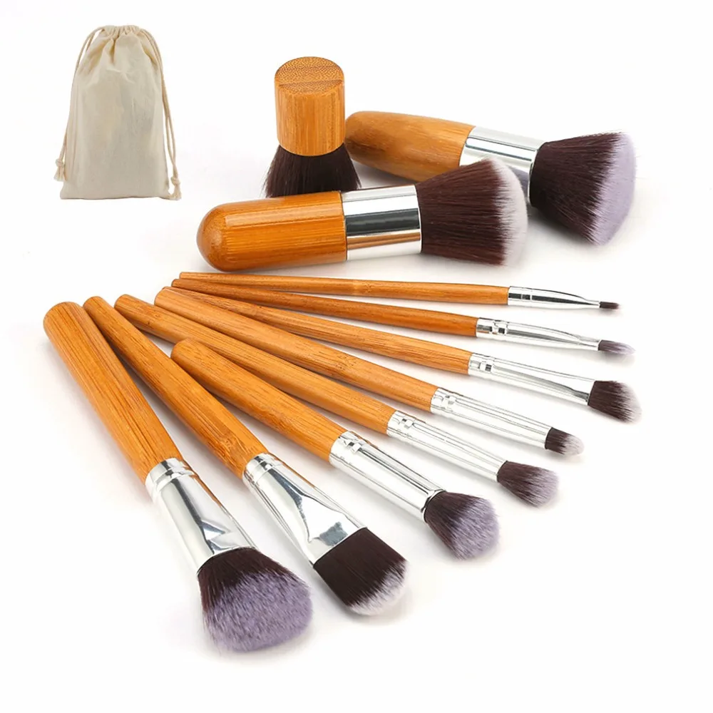 11pcs Natural Bamboo Professional Makeup massage Brushes Set Foundation