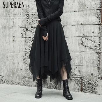 

SuperAen 2018 Autumn and Winter New Fashion Women Skirts Cotton Loose Casual Ladies Skirts Irregular Europe Mesh Skirts Female