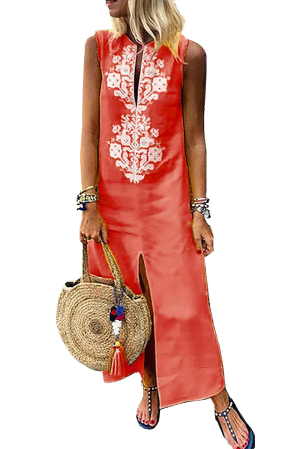 Orange-Sleeveless-Casual-Slit-Geometric-Summer-Dress-LC611109-14-1