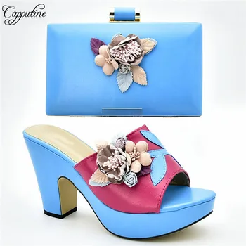 

Graceful sky blue with flower design high heel slip-on shoes with purse bag set for lady 333-1, heel height 10.5cm