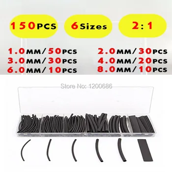 

Black Assortment Ratio 2:1 Polyolefin Heat Shrink Tube Tubing Sleeving Wrap Wire Cable Kit (150 PCS) 1MM 2MM 3MM 4MM 6MM 8MM
