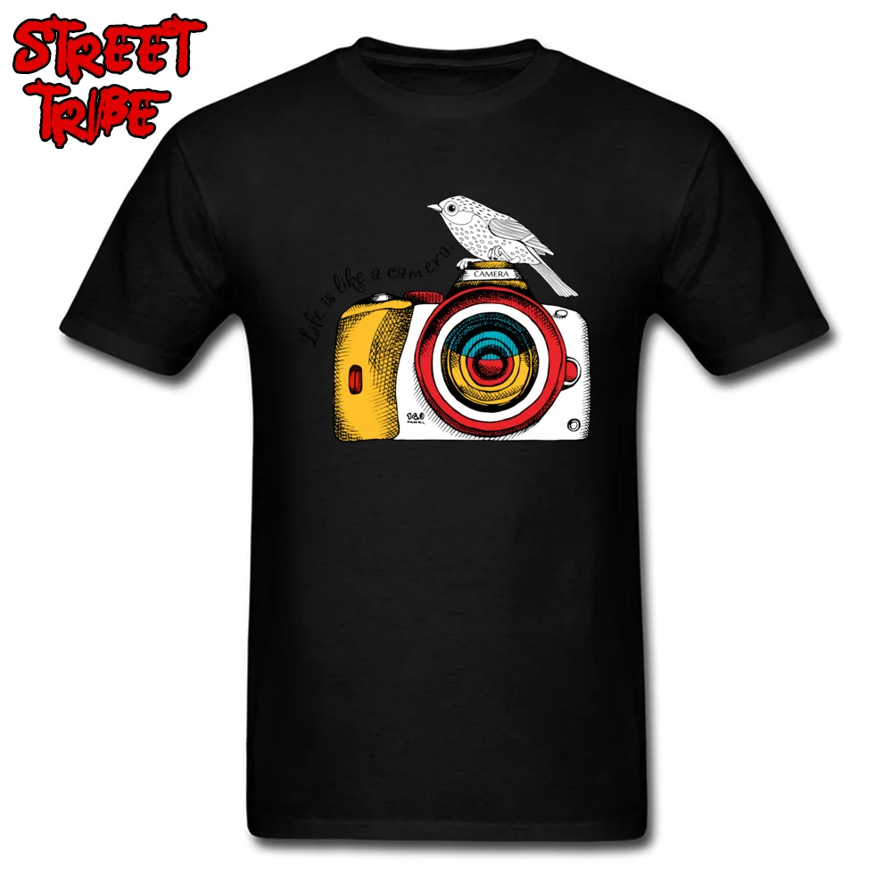 Normal Summer Pure Cotton O Neck Tops Shirt Short Sleeve Cool Tops Shirts Faddish Casual Top T-shirts Drop Shipping cameras and hand painted birds yy black