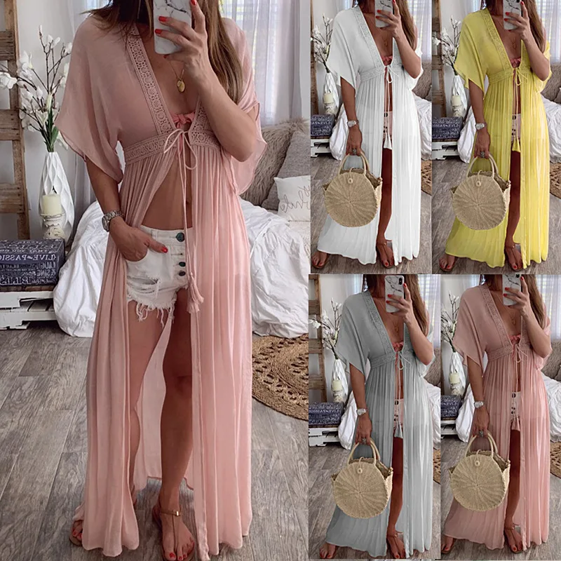 

New Dress Women's 2019 Summer Lace Cardigan Solid Color Holiday Wind Woman Dress Long Female