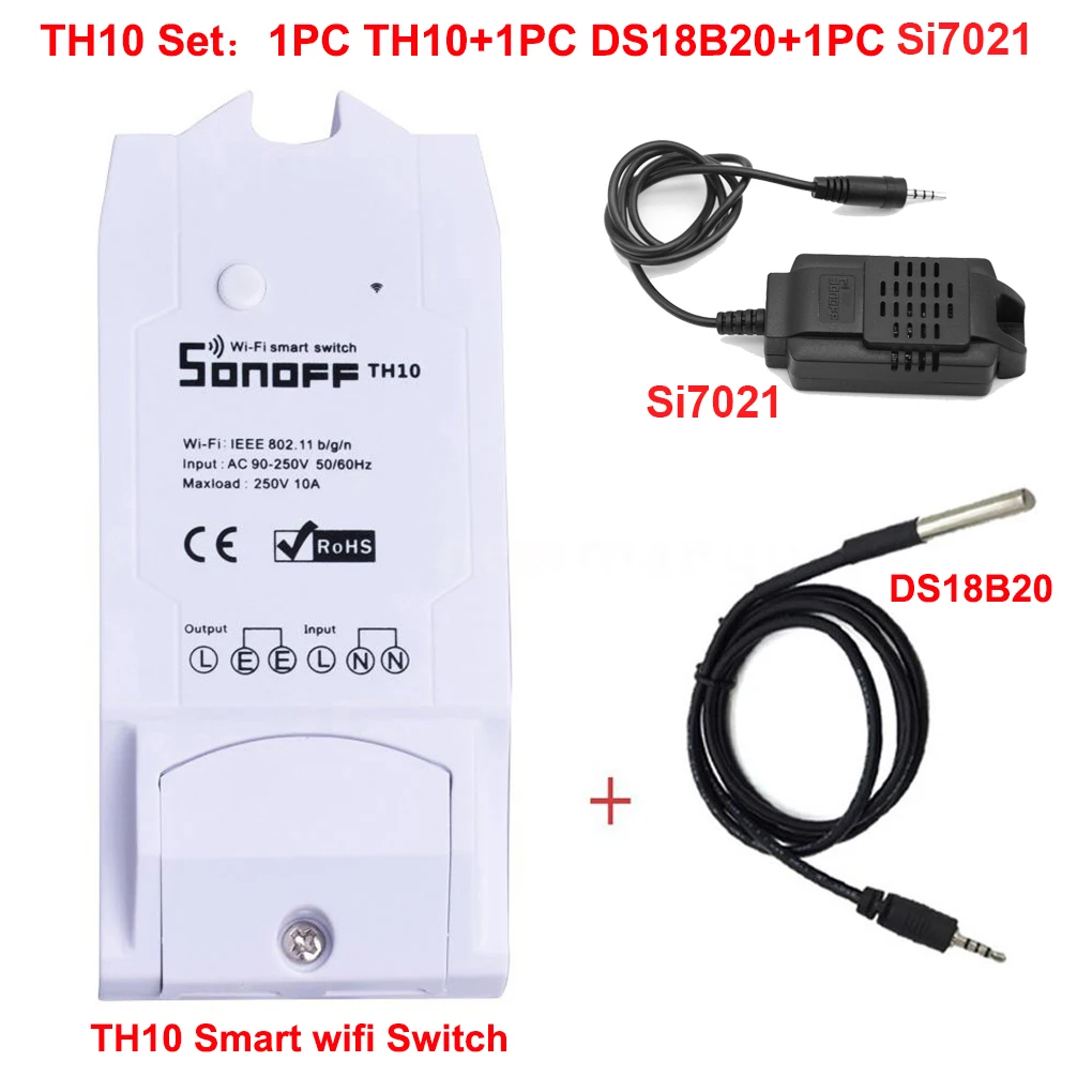 Sonoff TH 10A/16A Smart Wifi Switch Controller With Temperature Sensor And Waterproof Humidity Monitoring Home Automation - Комплект: TH10 Set