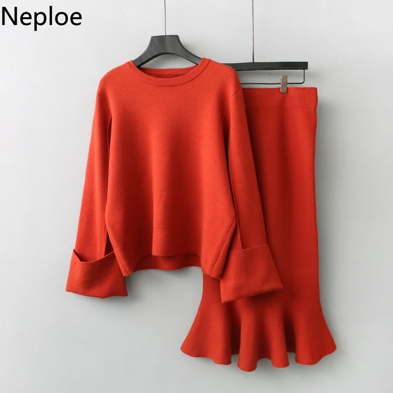 

Neploe Sweater Two Piece Set Knitted Long Sleeve Sweater Tops+Ruffle Bodycon Skirt Sets Winter 2 Piece Women 2019 Outfits 39165
