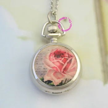 

new fashion silver classic pink rose flower girl fob pocket watch necklace chain hour wholesale buyer low price antibrittle