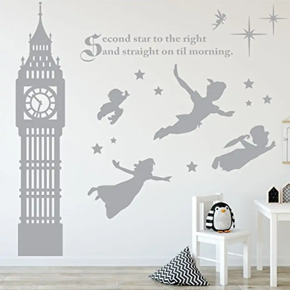 Peter Pan Scene Silhouettes Removable Wall Stickers Stars Big Ben Wall Art Decal Girls Room Nursery Wallpaper Mural Home Decor