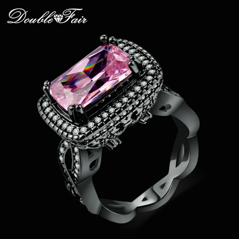 Double Fair Square Cut Black Gold Color Punk Ring Pink Cubic Zirconia Fashion Brand Cocktail Party Jewelry For Women GiftRX041DD
