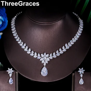 

ThreeGraces Top Cubic Zirconia Bridal Necklace and Earrings Big Water Drop Flower Wedding Costume Jewelry Sets for Brides JS007