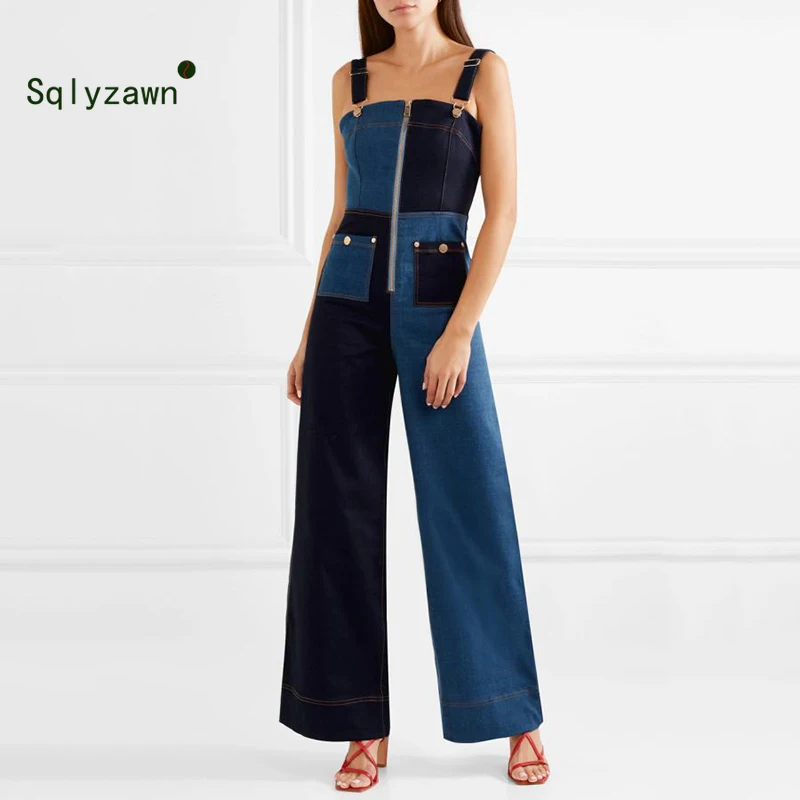

Fashion Hit Colors Patchwork Jumpsuits for Women Suspender High Waist Slim Strapless Denim Wide Leg Pants Female 2019 Spring New