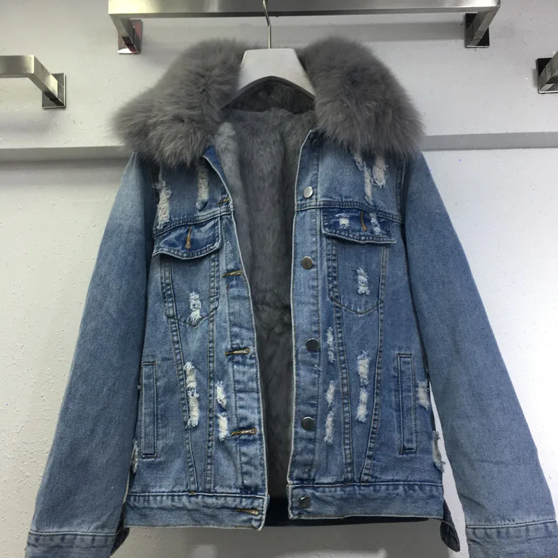 

2018 new real fox fur demin jackets parkas mujer women's Detachable real fur collar+rabbit fur inner Coat female jacket R66