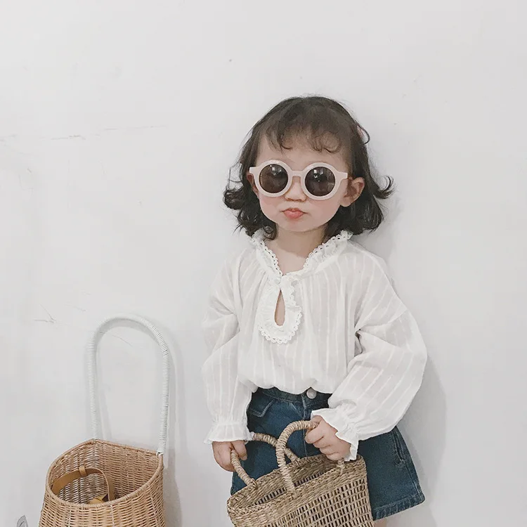 

Spring 2019 cute girls loose casual stringy selvedge long sleeve blouses Korean style all-match shirts 1-7Y
