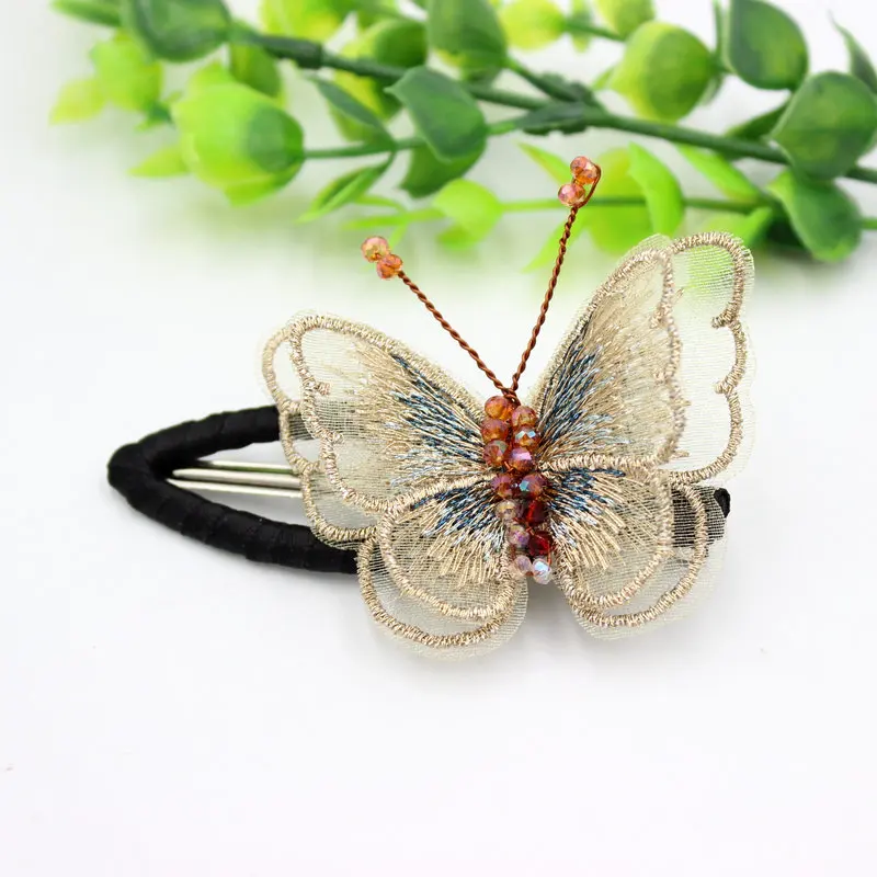 

2 шт. ручной работы Вышивка Золотая бабочка заколки Овальный металлический зажим для волос аллигатора для свадьбы свадебный шиньон, подарок на день матери
