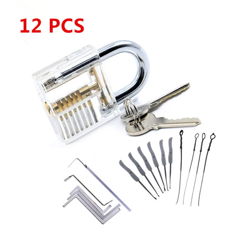 

12 pcs 1 Set Locksmith Tools Practice Transparent Lock Kit With Broken Key Extractor Wrench Tool Removing Hooks Hardware