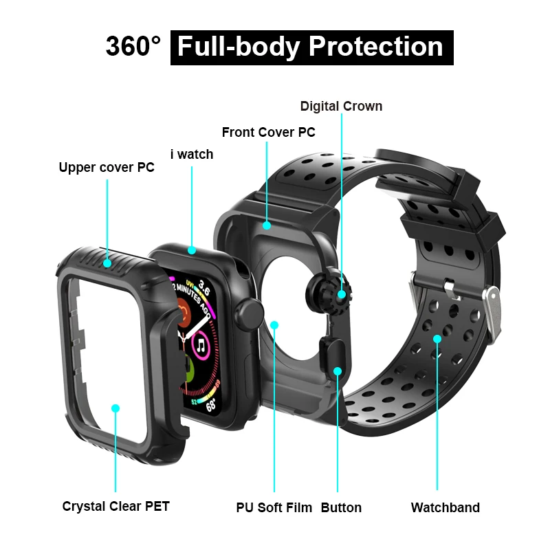 

360 Full Protection Sports Waterproof Strap Case for Apple Watch with Adjustable Soft Silicone Band 40mm to 44mm
