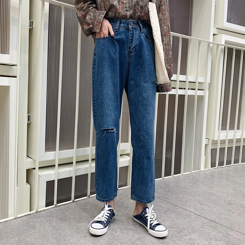 Новинка весны 2019 г. высокая талия рваные джинсы для женщин женские корейские свободный стиль бойфренд прямые женские синие джинсовые штаны