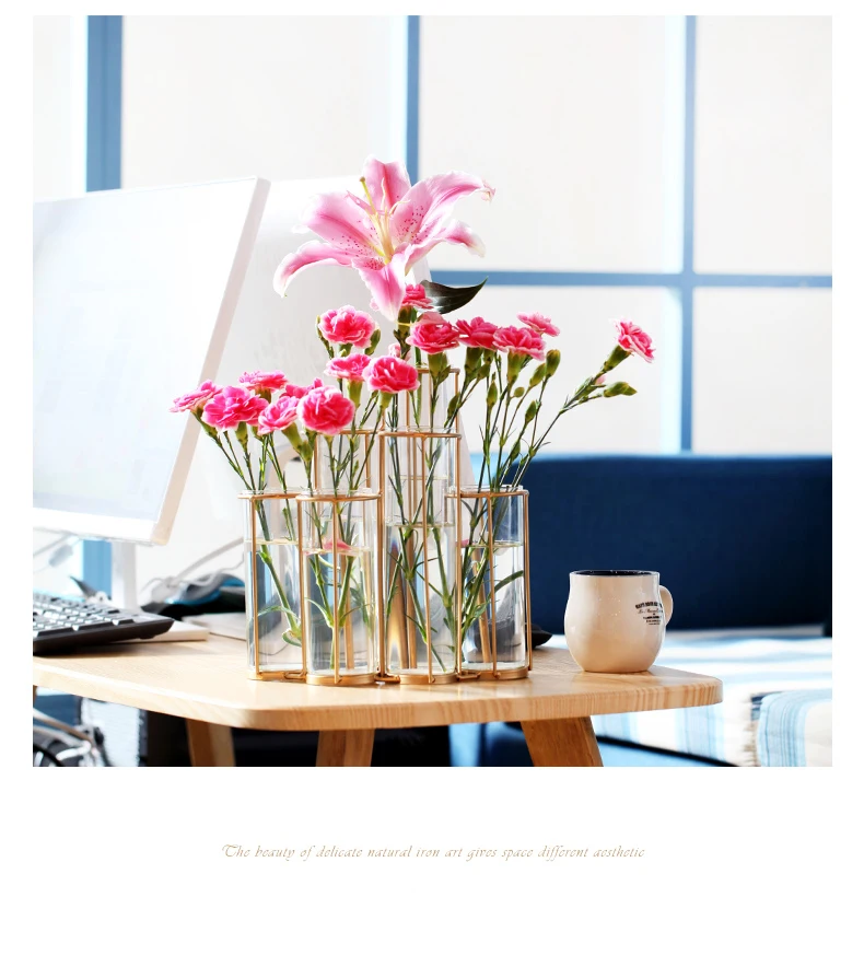 Новая Скандинавская креативная стеклянная 6 гидропонная ваза железная художественная ваза Золотая тестовая ваза украшения для дома и офиса
