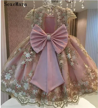 

Champagne Lace Ball Gown Little Girls Birthday Dresses with Bow Keyhole Back Kids Birthday Gowns with Cap Sleeve Custom Made