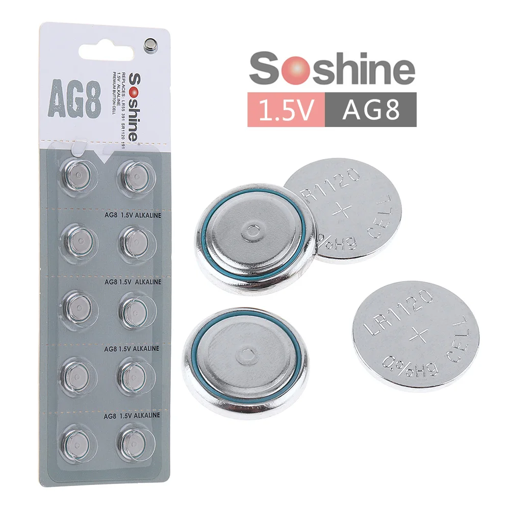 

10pcs Soshine AG8 LR1120 391 381 1.5V Alkaline Button Cell Battery for Watch Toy Calculator Remote