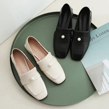 

2019 autumn new fashion simple solid color square shoes with casual shoes women retro style pearl decorative leather comfortable