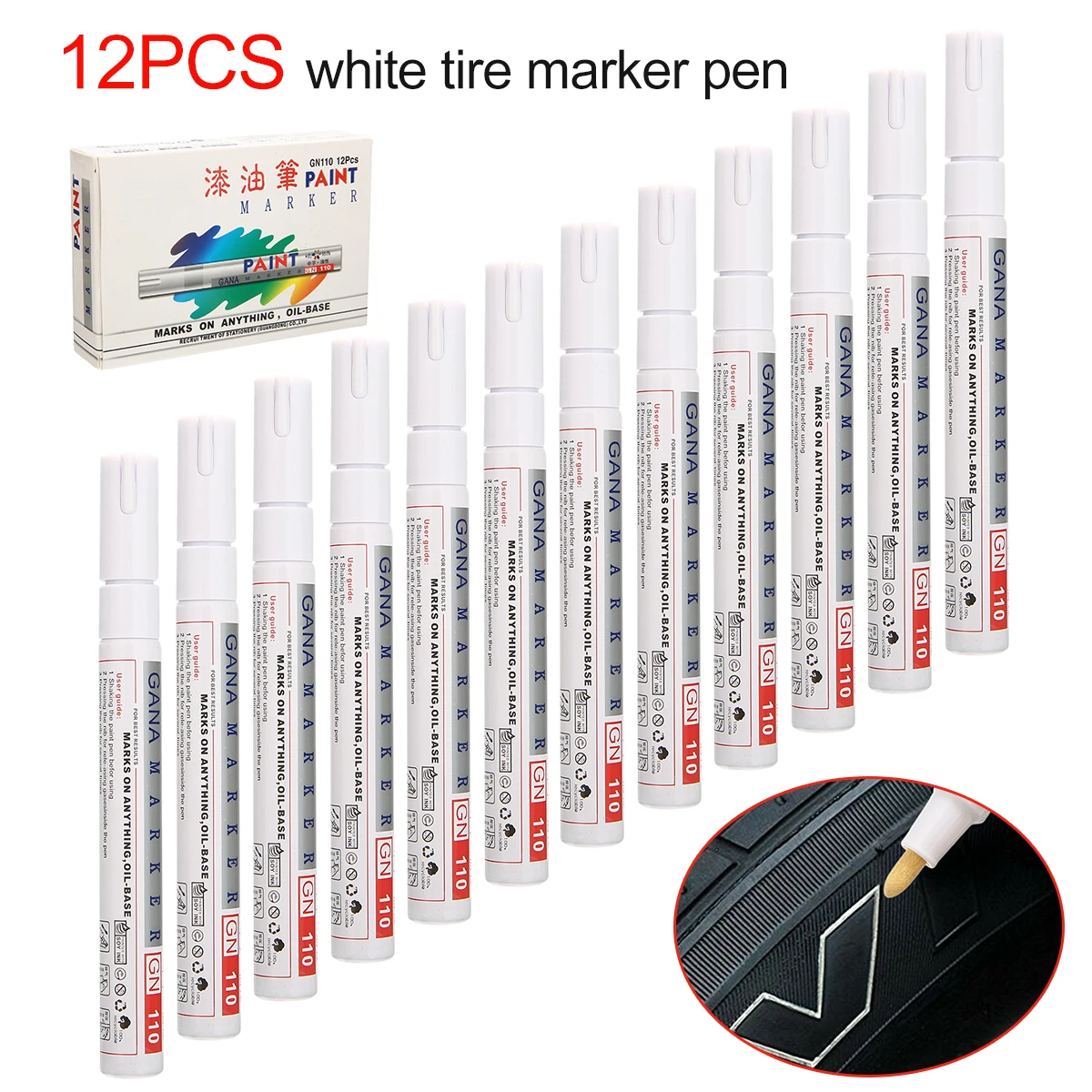 12pcs New White Marker Pens Waterproof Permanent Car Tyre Tire Tread Rubber Paint Marker Pen DIY Album Paper Stationery