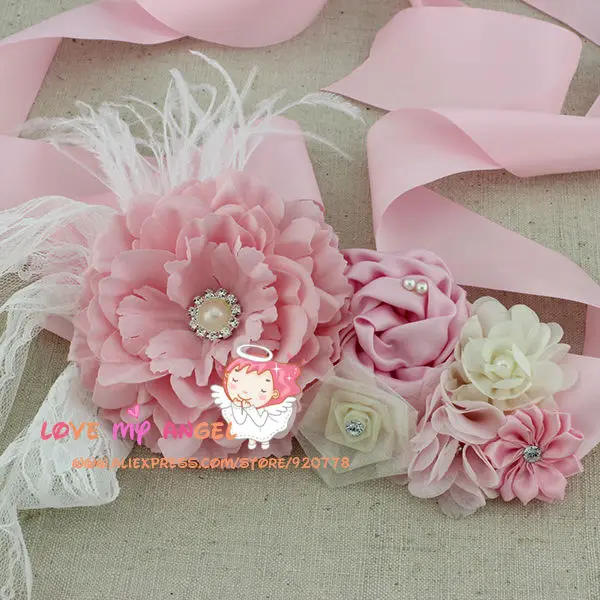 Flor niña rosa fajín gasa encajes de flores perlas cinturón pluma dama de honor Sash mom baby shower faja para embarazo 48 belt|pink sashfeather belt - AliExpress